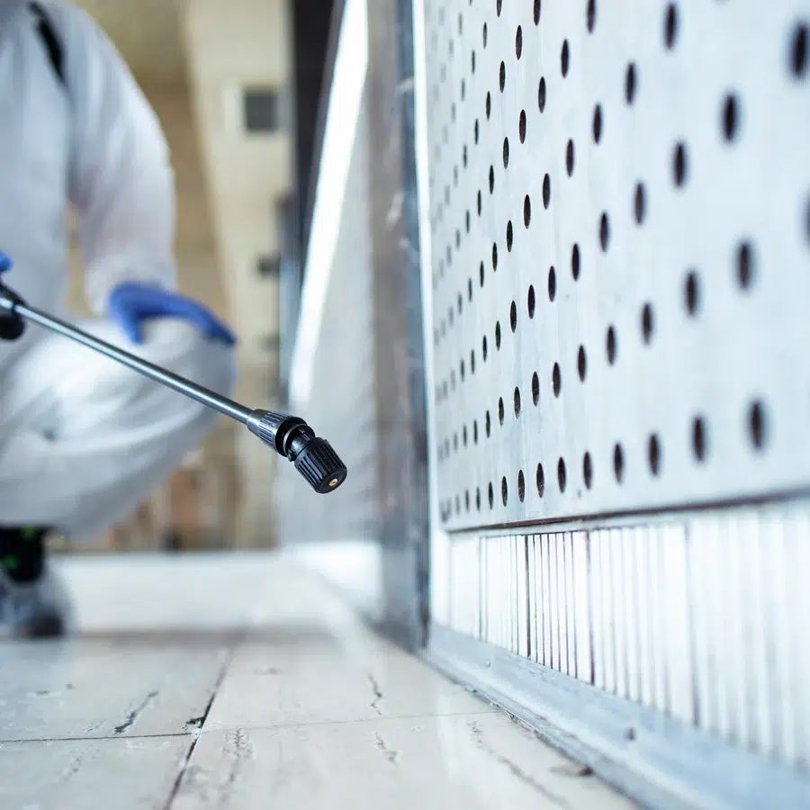 Prestations de dératisation et de dépigeonnage Technicien en tenue de protection traitant un local professionnel