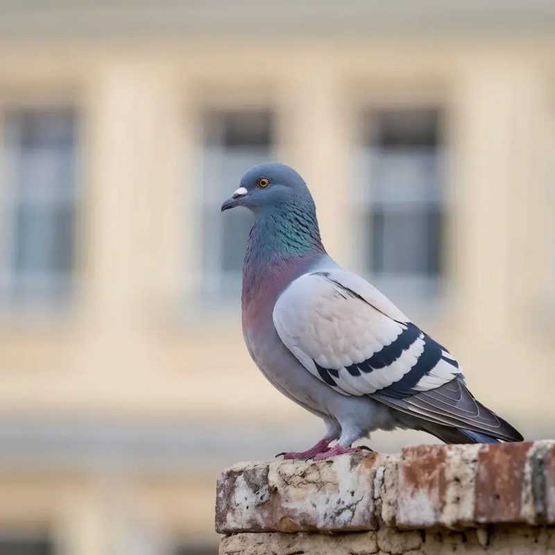 Pigeon posé sur le rebord d'une façade